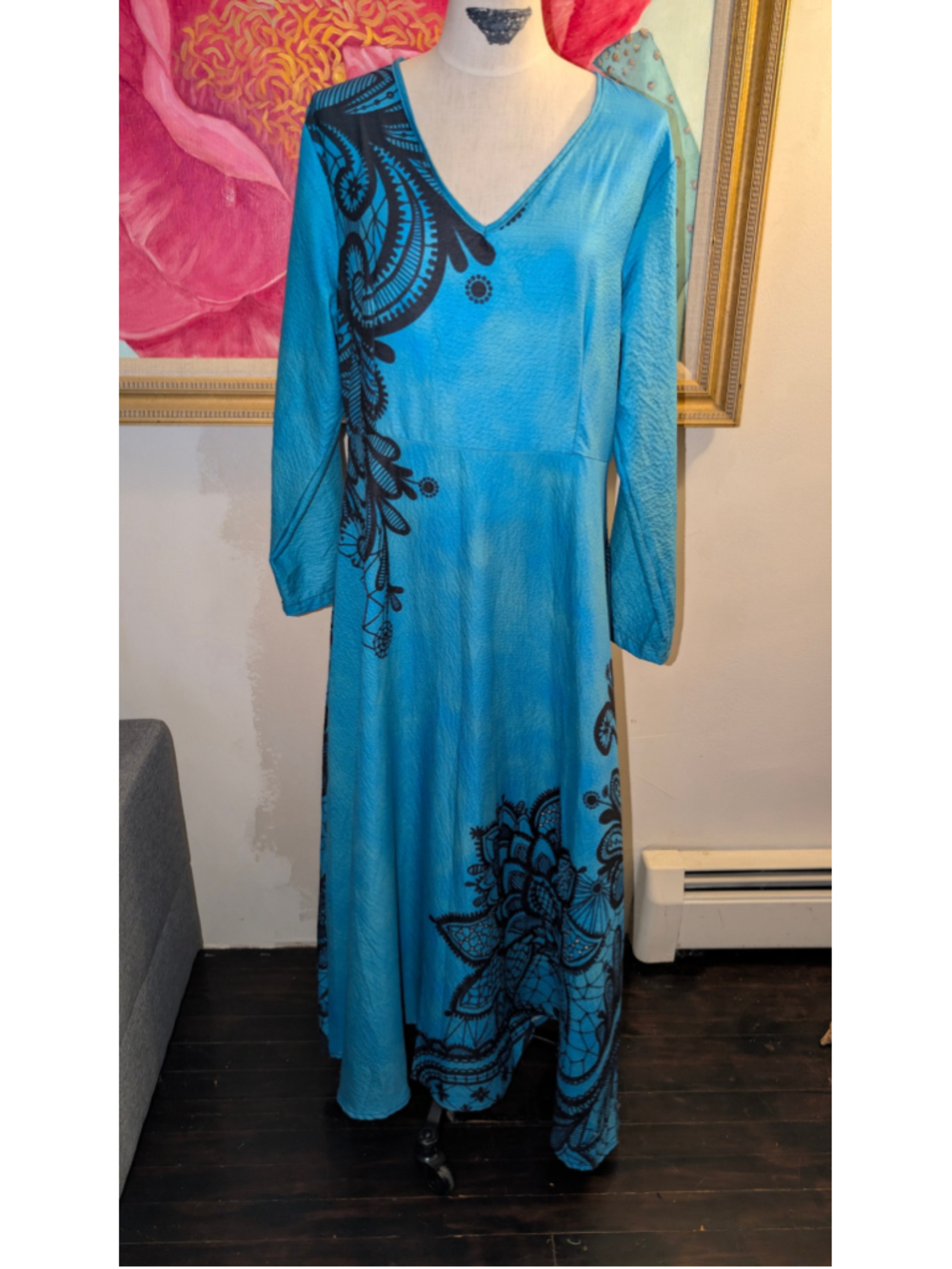 Women's Unbranded Long Sleeve Maxi Dress, Size M, Blue and Black